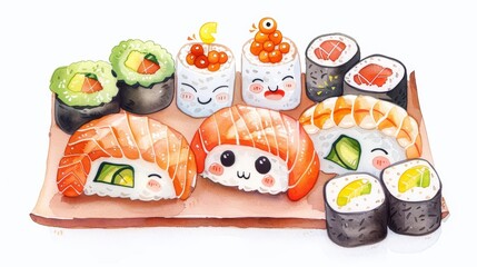 A watercolor painting of a variety of sushi, including nigiri, maki, and sashimi