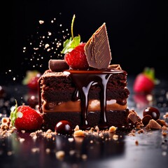 Decadent chocolate cake adorned with fresh strawberries, crunchy nuts, elegantly presented on plate. For restaurant websites, cafe, bakery menus, food blogs, magazines, food, home baking inspiration.