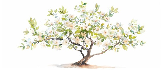 A watercolor painting of a single tree in full bloom against a white background. The tree has a gnarled trunk and delicate branches covered in delicate white blossoms.