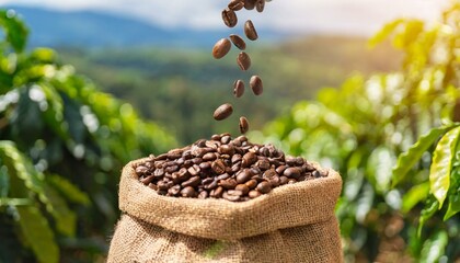 saca de caf&eacute; com gr&atilde;os caindo em frente a lavoura, agr&iacute;cola