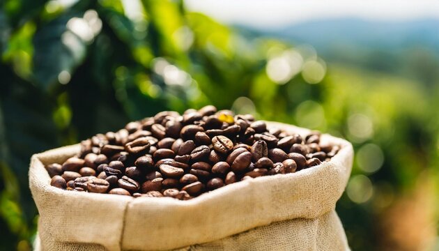 saca de caf&eacute; com gr&atilde;os caindo em frente a lavoura, agr&iacute;cola