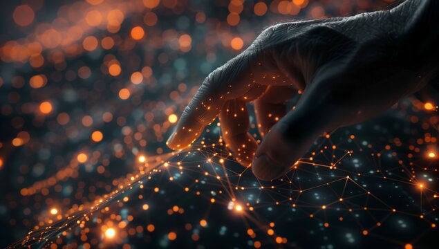 Hand touching digital network Points to the center of the web with orange light lines and dots on a dark background. Digital technology concept, human network control