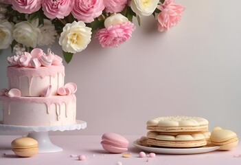 pink cake decorated with roses and macaroons on pastel background with flowers with copy space, party, wedding, banner