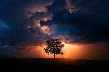 Fototapeta na wymiar A stunning photograph of a lightning strike illuminating the silhouette of a lone tree during a stormy night.