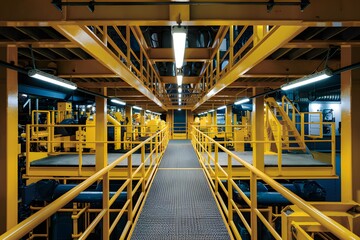 Brightly lit industrial space with yellow platforms, staircases, walkways, and machinery Organized and efficient