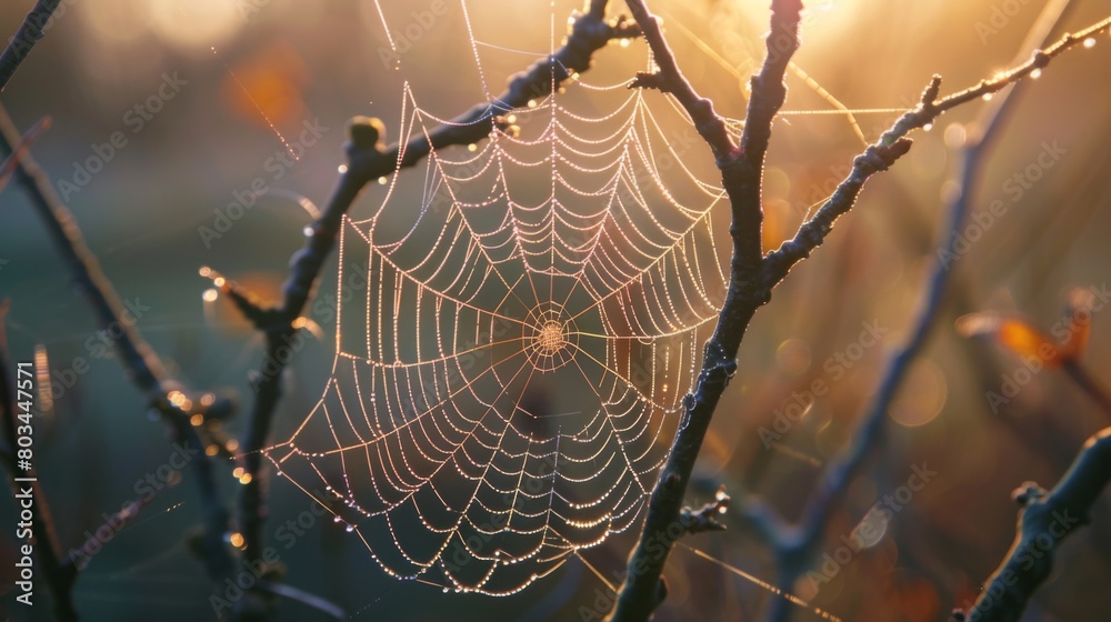 Poster a spider weaving its intricate web between wooden branches, glistening with dewdrops in the soft lig