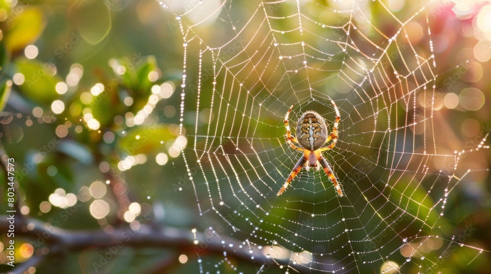 Aufkleber a spider weaving its intricate web between wooden branches, glistening with dewdrops in the soft lig