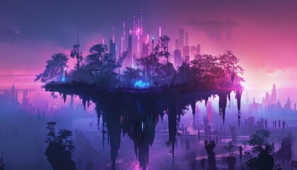 A beautiful landscape of a floating island with a city on it