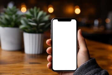 Smartphone with blank screen in a cozy cafe environment