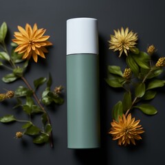 Elegant skincare product with natural flowers on dark background