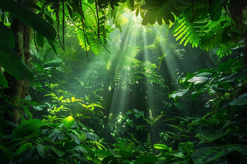 Obraz premium A dense green forest with rays of sunlight piercing through the foliage.