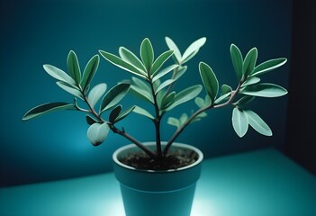 Unique Houseplant Basking in Cool Blue Light: Fiddle Leaf Fig in Ceramic Pot Creates Modern Indoor Ambiance