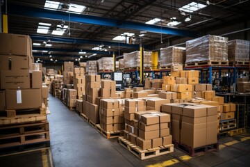 Busy warehouse interior with rows of shelves filled with boxes