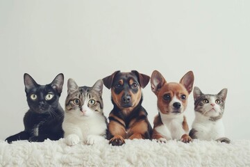 cats dogs pets animals group white background furry friends playful loyal posing together love companionship cute animal photography 