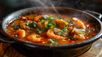 A steaming bowl of authentic Thai tom yum goong soup, brimming with plump shrimp, aromatic herbs, and spicy chili peppers.