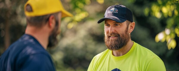 Naklejka premium Young bearded business owner outdoor landscape construction worker talking to a crew employee customer on a job site, project details communication, conversation, work career