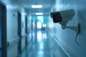 cctv security camera monitoring hospital corridor with blurred background surveillance concept