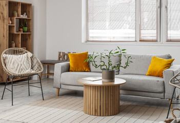 Stylish interior of living room with bamboo stems on coffee table and sofa