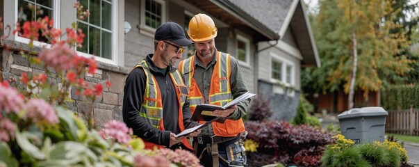 Landscape crew manager using a tablet on the job site, small business owner with client outdoors, management software, tree care, arborist, green industry