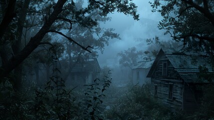 First glimpse of an abandoned ghost town through fog and dense trees at night