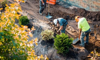 Landscape lawn care crew of workers on a job site or garden center tree farm nursery, planting trees, shrubs building designing a hard scape, tree care, plant install. Masonry, dirt, shovels
