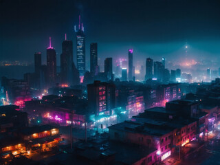 Neon-lit cyberpunk cityscape, an eerie, foggy night in a dystopian future, captured in high-resolution K for a mesmerizing wallpaper of urban decay and solitude