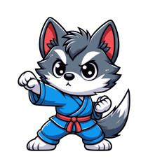 cute cartoon character wolf practicing karate - color on transparent background (artwork 3)