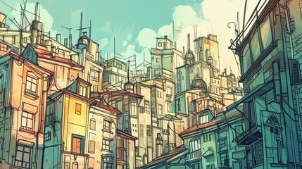 Cityscape with tall buildings. The sky is blue with white clouds. The buildings are painted yellow, blue and red. There are many windows and doors in buildings. Some buildings have balconies