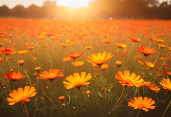 Vibrant Field of Orange Marigolds Bathed in Warm Sunset Light