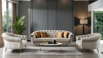 Standard living room furniture set with creative design for organized space. Concept Living Room Layout, Creative Furniture Design, Organized Space, Standard Setups, Functional Decor