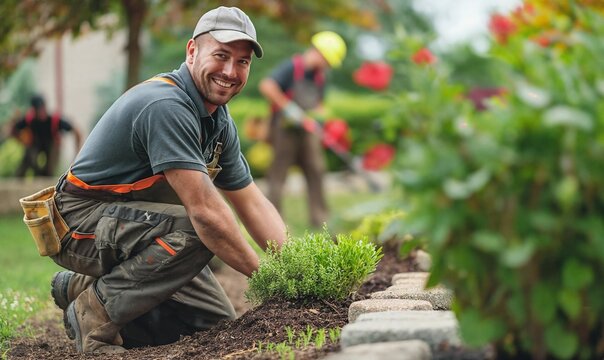 Handsome landscape garden worker portrait on the job site with his crew in the background, blue collar, outdoor, mature, planting shrubs perennials masonry - Powered by Adobe