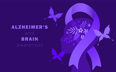 Alzheimer's and brain awareness month design template. World Alzheimer's Day vector illustration. Ribbon, flower, butterfly