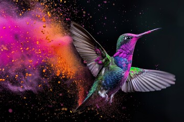 Majestic Pink Hummingbird Gliding Through a Nebula of Colorful Cosmic Dust

