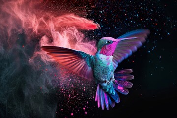 Vibrant Hummingbird in Flight Surrounded by a Cosmic Burst of Colorful Stardust

