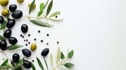 olives with twigs and fresh green leaves on flat white background. Space for text