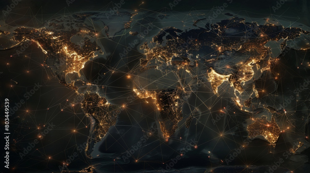 Fototapete a world map with lines of communication connecting cities and countries, illustrating the interconne