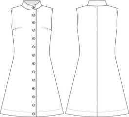 sleeveless high neck turtleneck band collared buttoned darted a-line short dress template technical drawing flat sketch cad mockup fashion woman design style model
