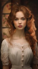 A beautiful young woman with long red hair and blue eyes, dressed in a white vintage dress with lace details. She has a serious expression and her hair is styled in curls. The background is a stained 