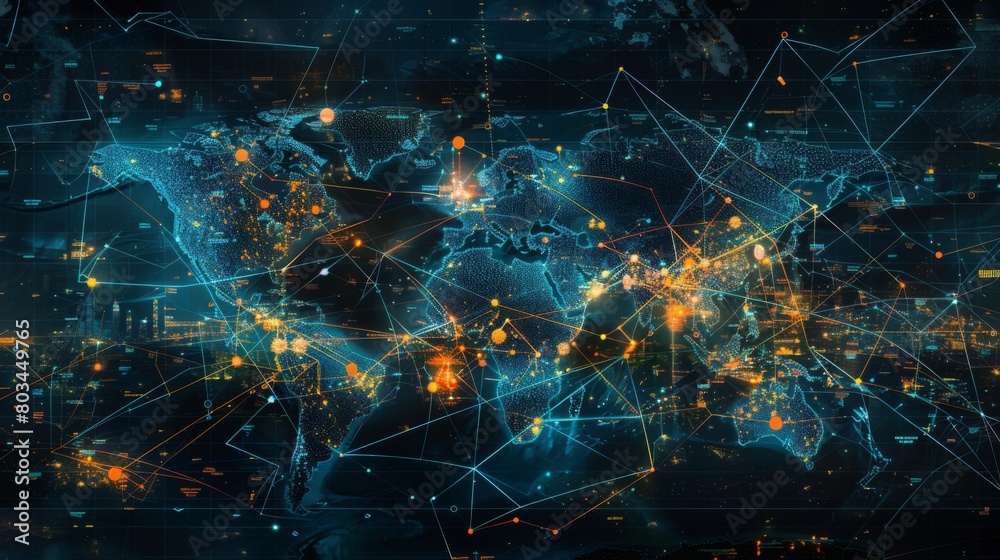 Aufkleber A world map with lines of communication connecting cities and countries, illustrating the interconnectedness of global communication networks.