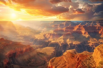 The sun sets over the vast and majestic Grand Canyon, painting the sky with vibrant hues of orange and yellow