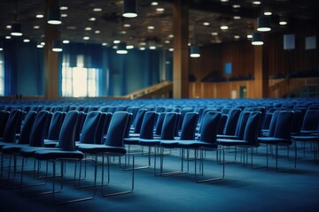 blue chairs in the conference room. empty hall for lecture or performance. training of students or company employees