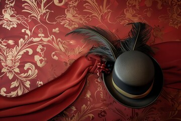 A black top hat with a red ribbon and a gold buckle sits on a red velvet cloth. The hat is surrounded by a red and gold floral pattern.