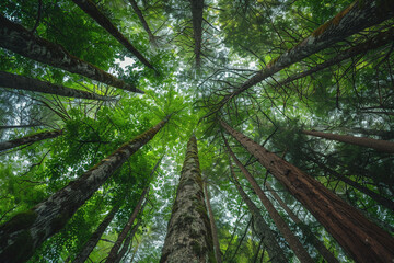 A dense forest of tall, slender trees reaching towards the sky.