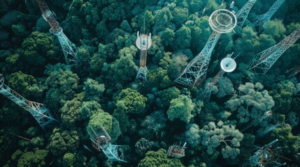 Obraz premium An aerial view of a network of phone signal towers dotting the landscape, providing widespread coverage for mobile communication.