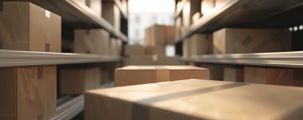 Warehouse interior with cardboard boxes on shelves