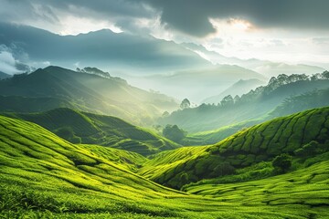 The morning sun rises over the lush green hills of a tea plantation, casting long shadows and creating a stunning scene