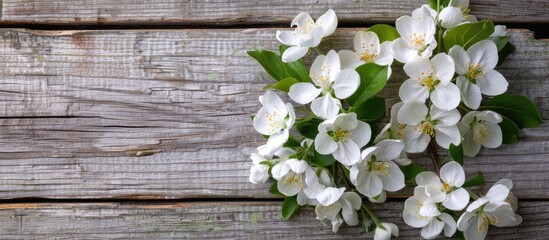 Apple blossoms on a wooden background during the spring season.