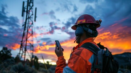Naklejka premium An emergency responder using a satellite phone near a signal tower to coordinate rescue efforts in areas with limited communication infrastructure.