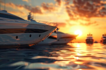 A sleek yacht sits in the calm water at sunset. The sky is ablaze with color, and the yacht's reflection shimmers on the surface of the water. - obrazy, fototapety, plakaty