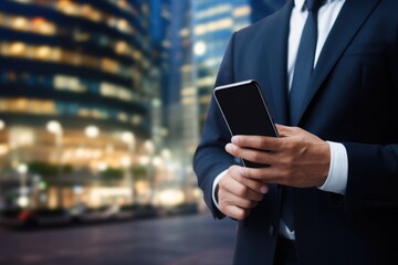 Close-up image of male hands using smartphone at night on city street. businessman working online
